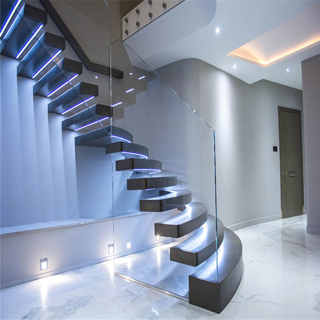 LED Light Floating Wooden Staircase Frameless Railing Wood Straight Stairs pr-b00032
